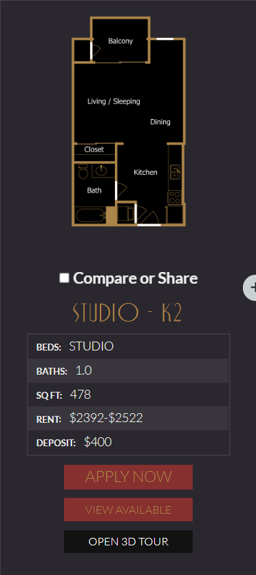 Floor plan for studio, 1 bath, 478 sqft